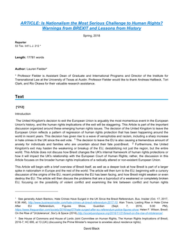 Is Nationalism the Most Serious Challenge to Human Rights? Warnings from BREXIT and Lessons from History