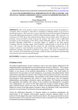 (EFCC) ALONG LEADERSHIP REGIMES in NIGERIA Umar, Hassan Sa’Id Department of Public Administration, University of Abuja, Nigeria
