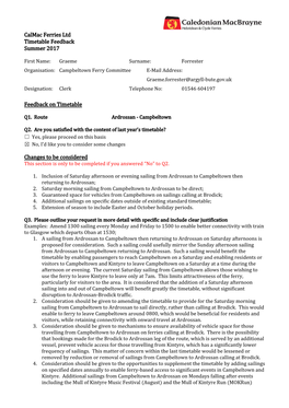 Calmac Ferries Ltd Timetable Feedback Summer 2017