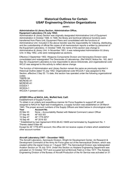 Historical Outlines for Certain USAF Engineering Division Organizations