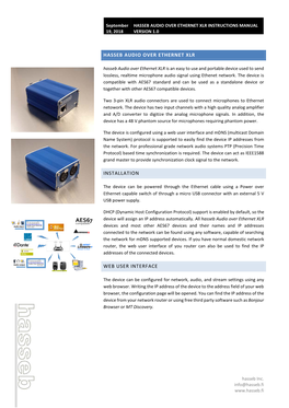 Hasseb Audio Over Ethernet XLR Instructions Manual Version