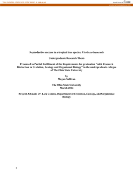 Reproductive Success in a Tropical Tree Species, Virola Surinamensis Undergraduate Research Thesis Presented in Partial Fulfillm