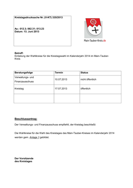 Einteilung Der Wahlkreise Fuer Die Kreistagswahl Im Kalenderjahr 2014 Im Main-Tauber-Kreis