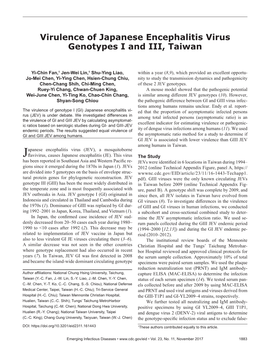 Virulence of Japanese Encephalitis Virus Genotypes I and III, Taiwan