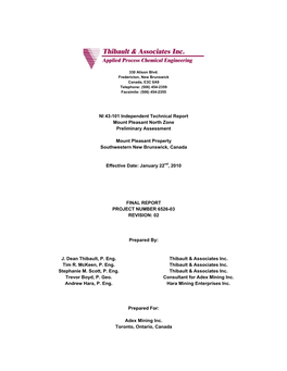 NI 43-101 Independent Technical Report Mount Pleasant North Zone Preliminary Assessment Mount Pleasant Property Southwestern