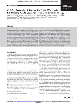 Ex Vivo Expanded Adaptive NK Cells Effectively Kill Primary Acute Lymphoblastic Leukemia Cells Lisa L