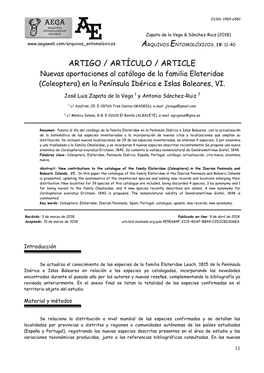 ARTIGO / ARTÍCULO / ARTICLE Nuevas Aportaciones Al Catálogo De La Familia Elateridae (Coleoptera) En La Península Ibérica E Islas Baleares, VI