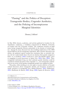 “Passing” and the Politics of Deception: Transgender Bodies, Cisgender Aesthetics, and the Policing of Inconspicuous Marginal Identities