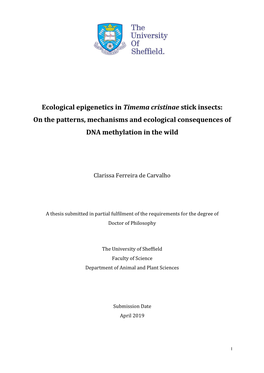 Ecological Epigenetics in Timema Cristinae Stick Insects: on the Patterns, Mechanisms and Ecological Consequences of DNA Methylation in the Wild