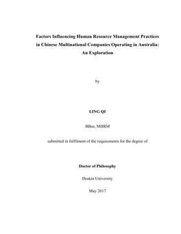 Factors Influencing Human Resource Management Practices in Chinese Multinational Companies Operating in Australia: an Exploration