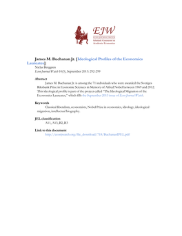 James M. Buchanan Jr. [Ideological Profiles of the Economics Laureates] Niclas Berggren Econ Journal Watch 10(3), September 2013: 292-299