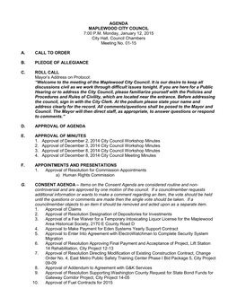 AGENDA MAPLEWOOD CITY COUNCIL 7:00 P.M. Monday, January 12, 2015 City Hall, Council Chambers Meeting No