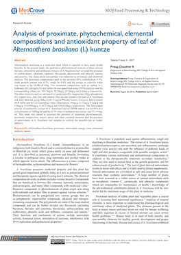 Analysis of Proximate, Phytochemical, Elemental Compositions and Antioxidant Property of Leaf of Alternanthera Brasiliana (L.) Kuntze