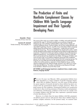 The Production of Finite and Nonfinite Complement Clauses by Children with Specific Language Impairment and Their Typically Developing Peers