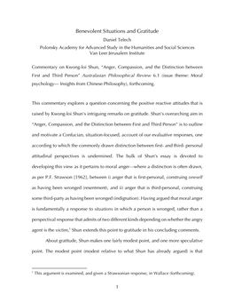 Benevolent Situations and Gratitude Daniel Telech Polonsky Academy for Advanced Study in the Humanities and Social Sciences Van Leer Jerusalem Institute