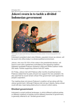 Jokowi Sworn in to Tackle a Divided Indonesian Government