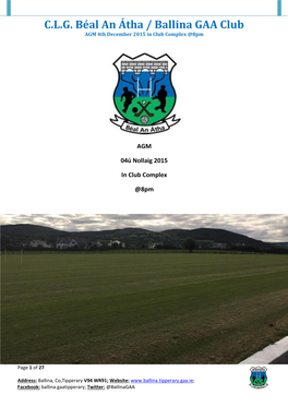 C.L.G. Béal an Átha / Ballina GAA Club AGM 4Th December 2015 in Club Complex @8Pm