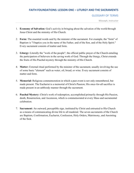 Lesson One – Liturgy and the Sacraments Glossary of Terms