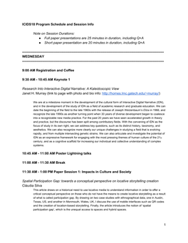 ICIDS18 Program Schedule and Session Info Note on Session Durations