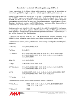 Raporti I Monitorimit Të Medias Në Datën 20.04.2021