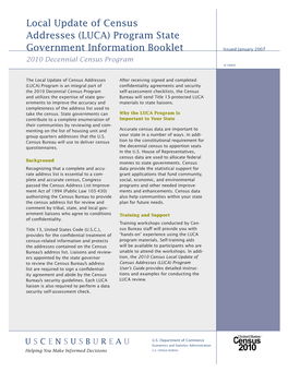 Local Update of Census Addresses (LUCA) Program State Government Information Booklet U.S