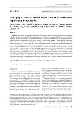 REVIEW Bibliographic Analysis of Oral Precancer and Cancer Research Papers from Saudi Arabia