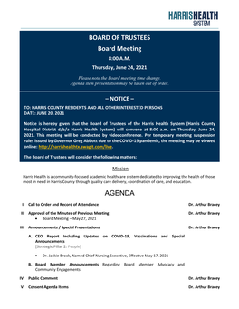 BOARD of TRUSTEES Board Meeting AGENDA