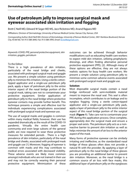 Use of Petroleum Jelly to Improve Surgical Mask and Eyewear Associated Skin Irritation and Fogging