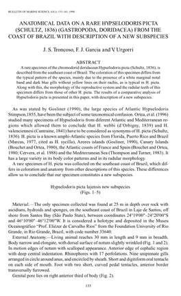 Anatomical Data on a Rare &lt;I&gt;Hypselodoris Picta&lt;/I&gt; (Schultz, 1836) (Gastropoda, Doridacea) from the Coast of Brazil