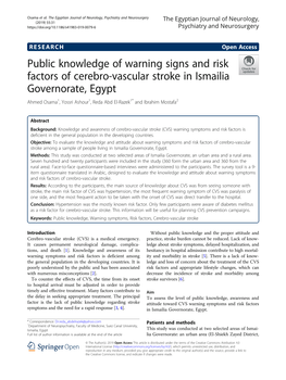 Public Knowledge of Warning Signs and Risk Factors of Cerebro-Vascular
