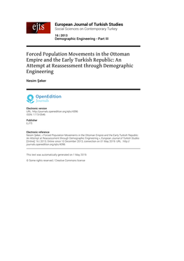 Forced Population Movements in the Ottoman Empire and the Early Turkish Republic: an Attempt at Reassessment Through Demographic Engineering