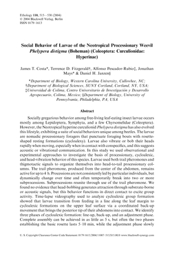 Social Behavior of Larvae of the Neotropical Processionary Weevil Phelypera Distigma (Boheman) (Coleoptera: Curculionidae: Hyperinae)