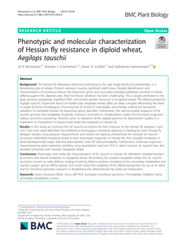 Phenotypic and Molecular Characterization of Hessian Fly Resistance in Diploid Wheat, Aegilops Tauschii Jill A