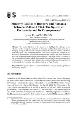 Minority Politics of Hungary and Romania Between 1940 and 1944