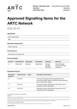 Approved Signalling Items for the ARTC Network ESA-00-01