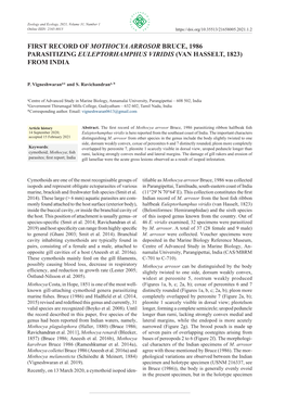 First Record of Mothocya Arrosor Bruce, 1986 Parasitizing Euleptorhamphus Viridis (Van Hasselt, 1823) from India