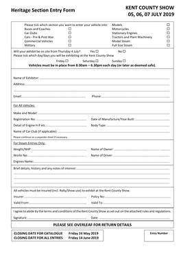 Heritage Section Entry Form KENT COUNTY SHOW 05, 06, 07 JULY 2019