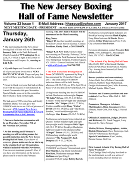 N.J. Boxing Hall of Fame Newsletter January 2017