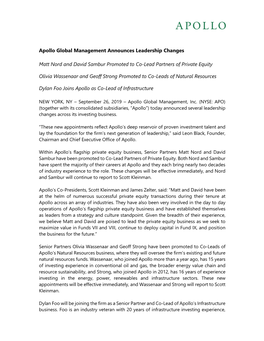 Apollo Global Management Announces Leadership Changes