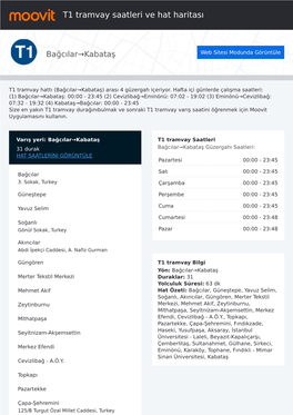 T1 Tramvay Zaman Çizelgesi Ve Hat Güzergah Haritası