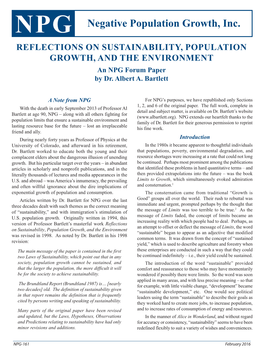 REFLECTIONS on SUSTAINABILITY, POPULATION GROWTH, and the ENVIRONMENT an NPG Forum Paper by Dr