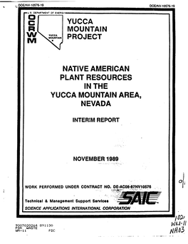Native American Plant Resources in the Yucca Mountain Area, Nevada, Interim Report