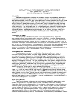 INITIAL APPROACH to the EMERGENT RESPIRATORY PATIENT Vince Thawley, VMD, DACVECC University of Pennsylvania, Philadelphia, PA