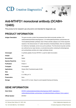 Anti-MTHFD1 Monoclonal Antibody (DCABH- 12465) This Product Is for Research Use Only and Is Not Intended for Diagnostic Use