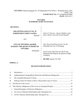 Iskatewizaagegan No. 39 Independent First Nation V. Winnipeg (City), 2021 ONSC 1209 COURT FILE NO.: CV-20-00644545-0000 DATE: 2021/02/17