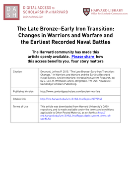 The Late Bronze–Early Iron Transition: Changes in Warriors and Warfare and the Earliest Recorded Naval Battles