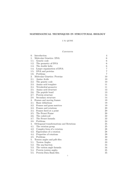 MATHEMATICAL TECHNIQUES in STRUCTURAL BIOLOGY Contents 0. Introduction 4 1. Molecular Genetics: DNA 6 1.1. Genetic Code 6 1.2. T