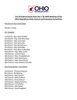 List of Endorsements from the 1-10-2020 Meeting of the Ohio Republican State Central and Executive Committee