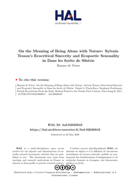 On the Meaning of Being Alone with Nature: Sylvain Tesson's Ecocritical