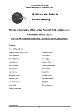 Greater London Authority London Assembly – 6 September 2000